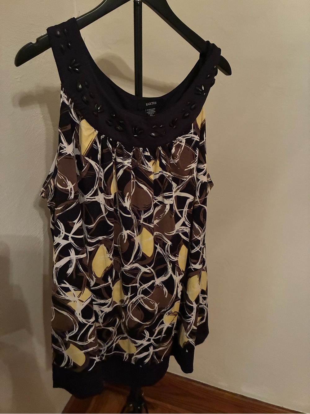 Worthington Black Printed Beaded Neckline Tank with Yellow Accents